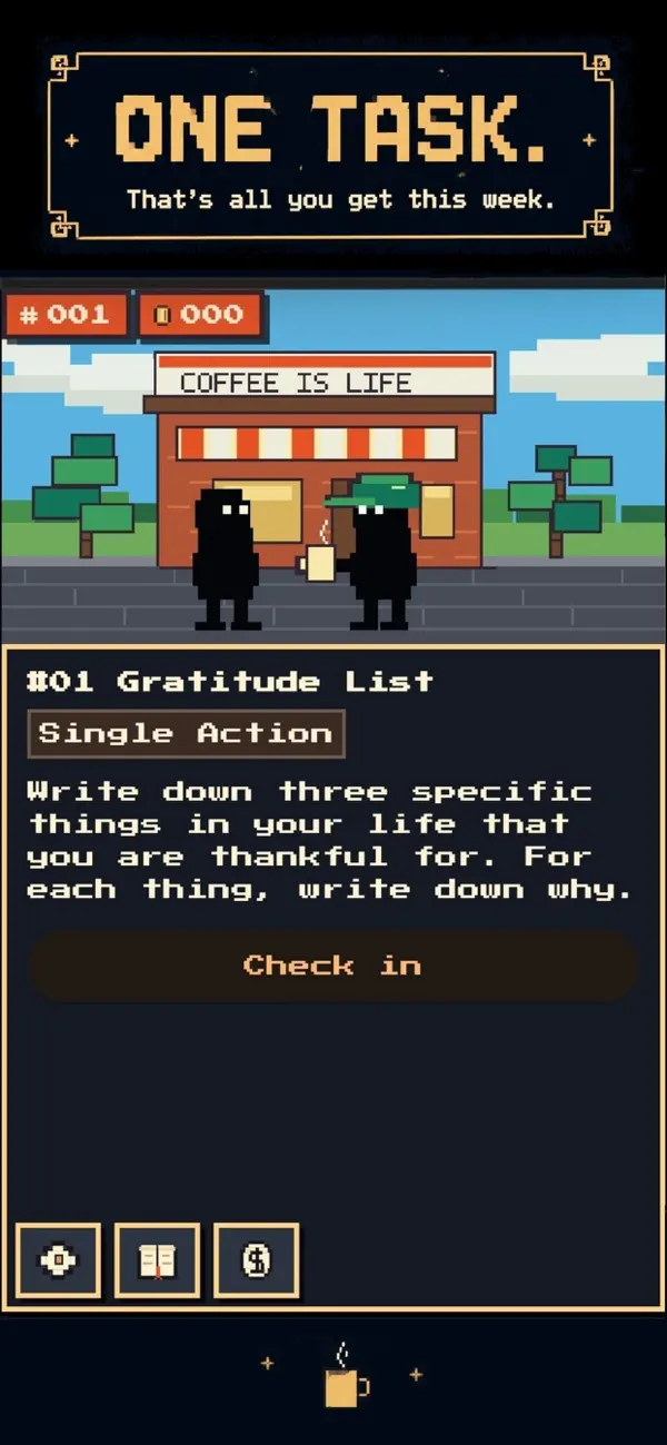 Official iPhone screenshot of Another Stupid Monday showing weekly task 001, Gratitude List.